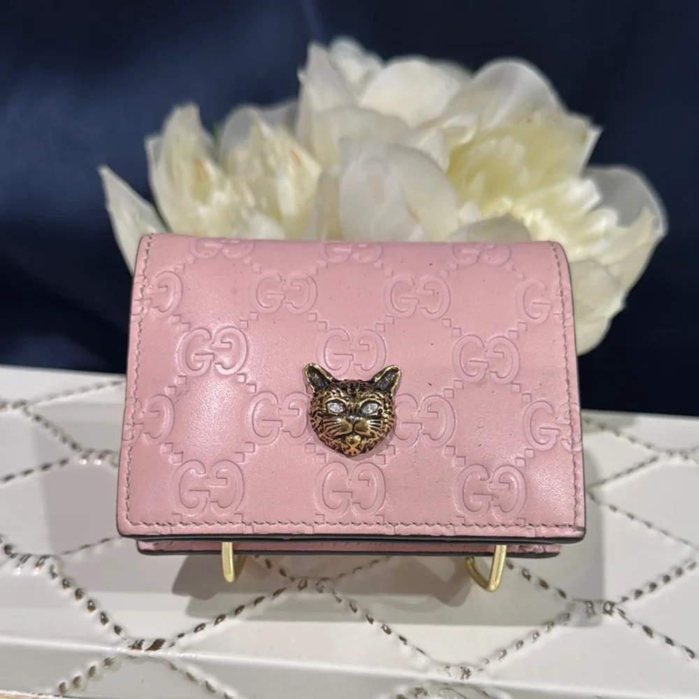 💖GUCCI Guccissima Signature Crystal Cat Card Case Wallet Light Candy Pink